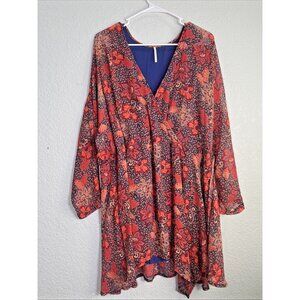 Free People Teegan Surplice Mini Dress Womens Sz S Red Floral Chiffon Boho Fairy